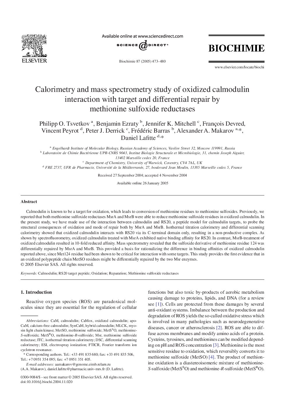 Calorimetry and mass spectrometry study of oxidized calmodulin interaction with target and differential repair by methionine sulfoxide reductases