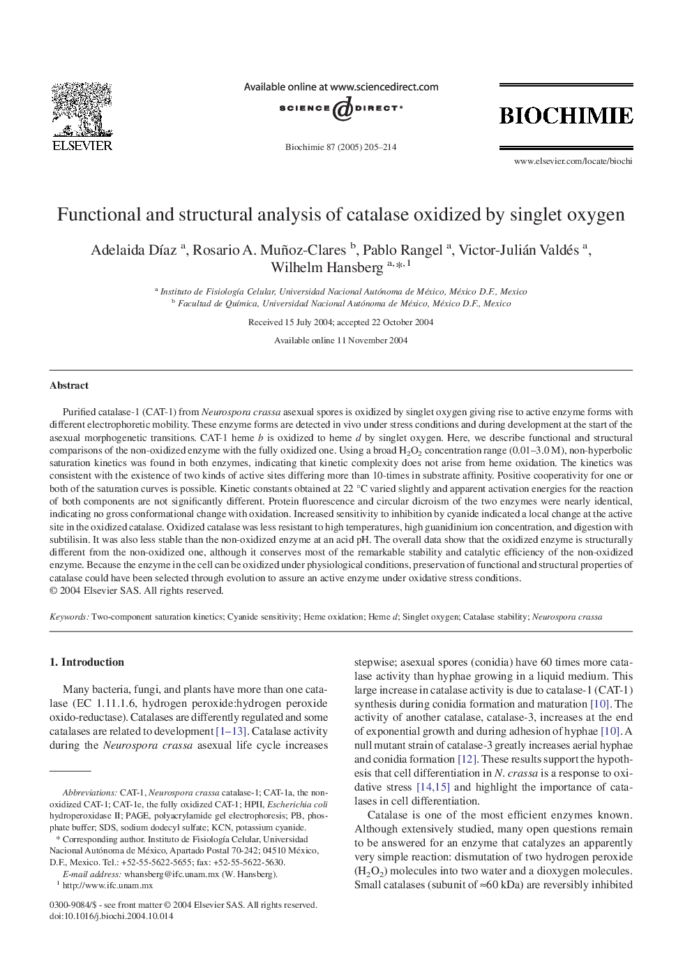 Functional and structural analysis of catalase oxidized by singlet oxygen