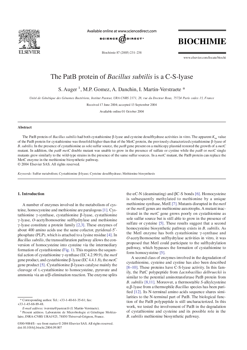 The PatB protein of Bacillus subtilis is a C-S-lyase