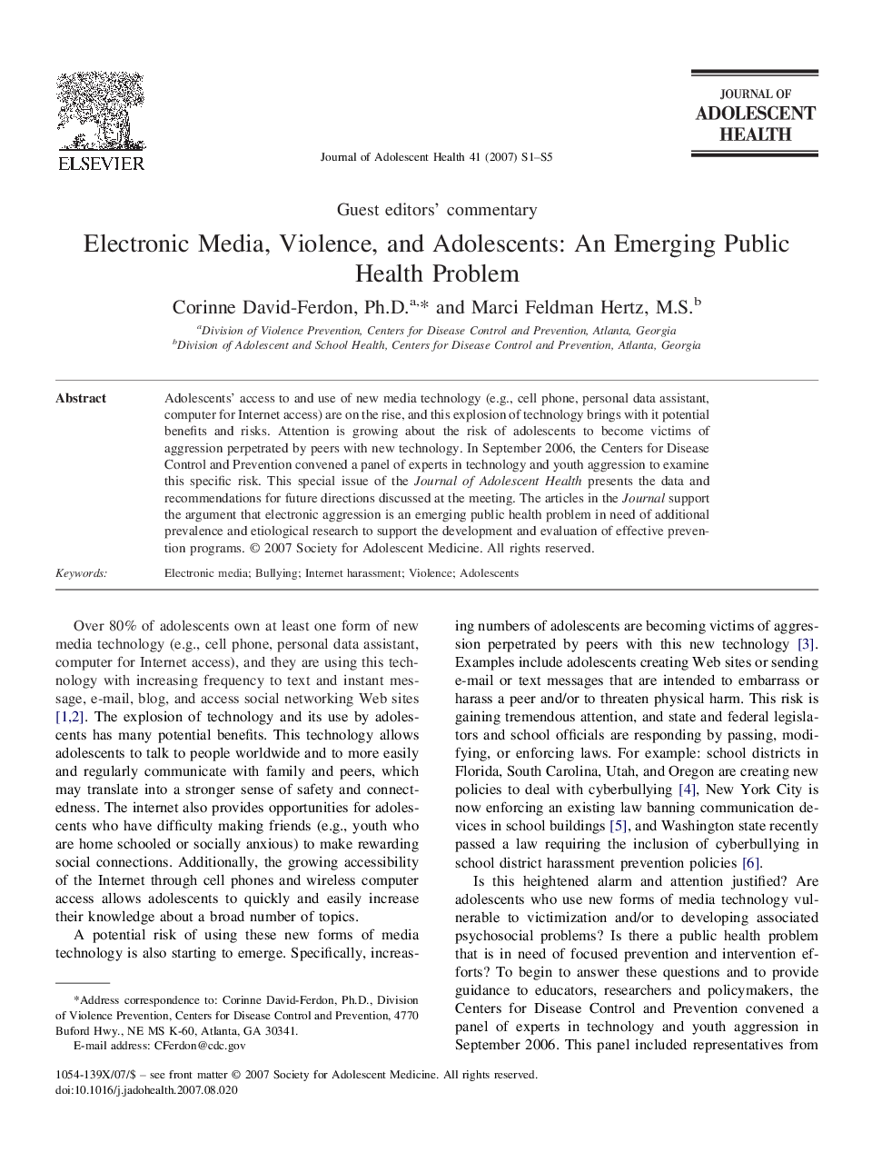 Electronic Media, Violence, and Adolescents: An Emerging Public Health Problem