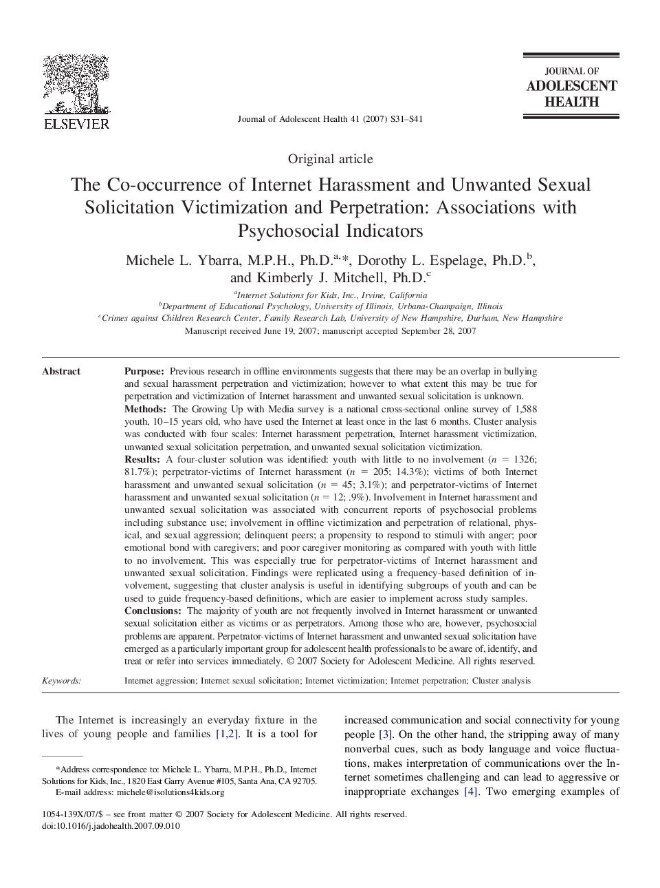 The Co-occurrence of Internet Harassment and Unwanted Sexual Solicitation Victimization and Perpetration: Associations with Psychosocial Indicators