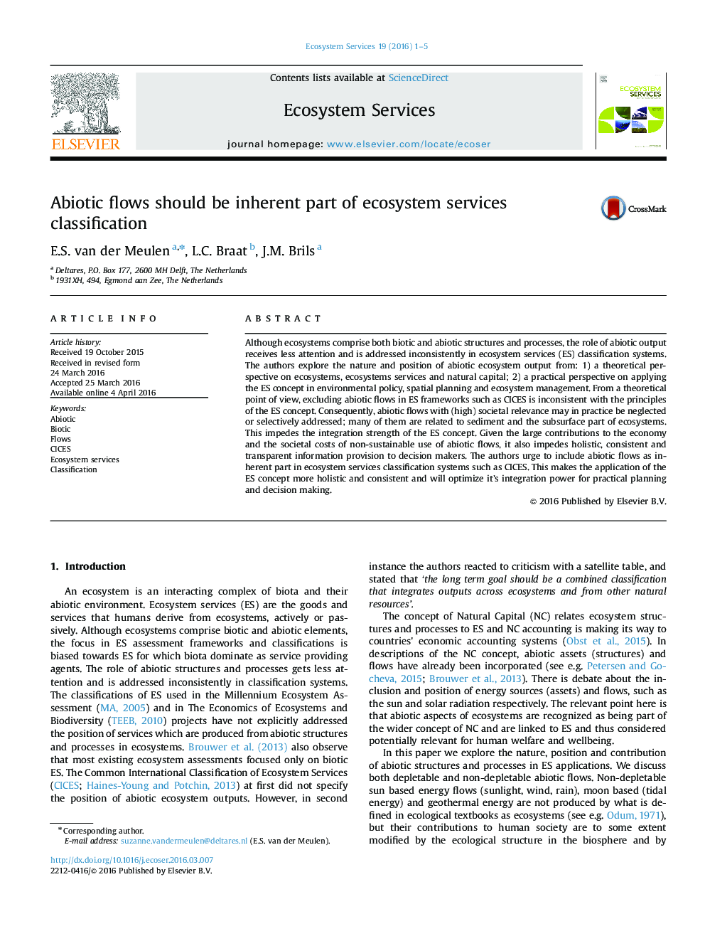 Abiotic flows should be inherent part of ecosystem services classification