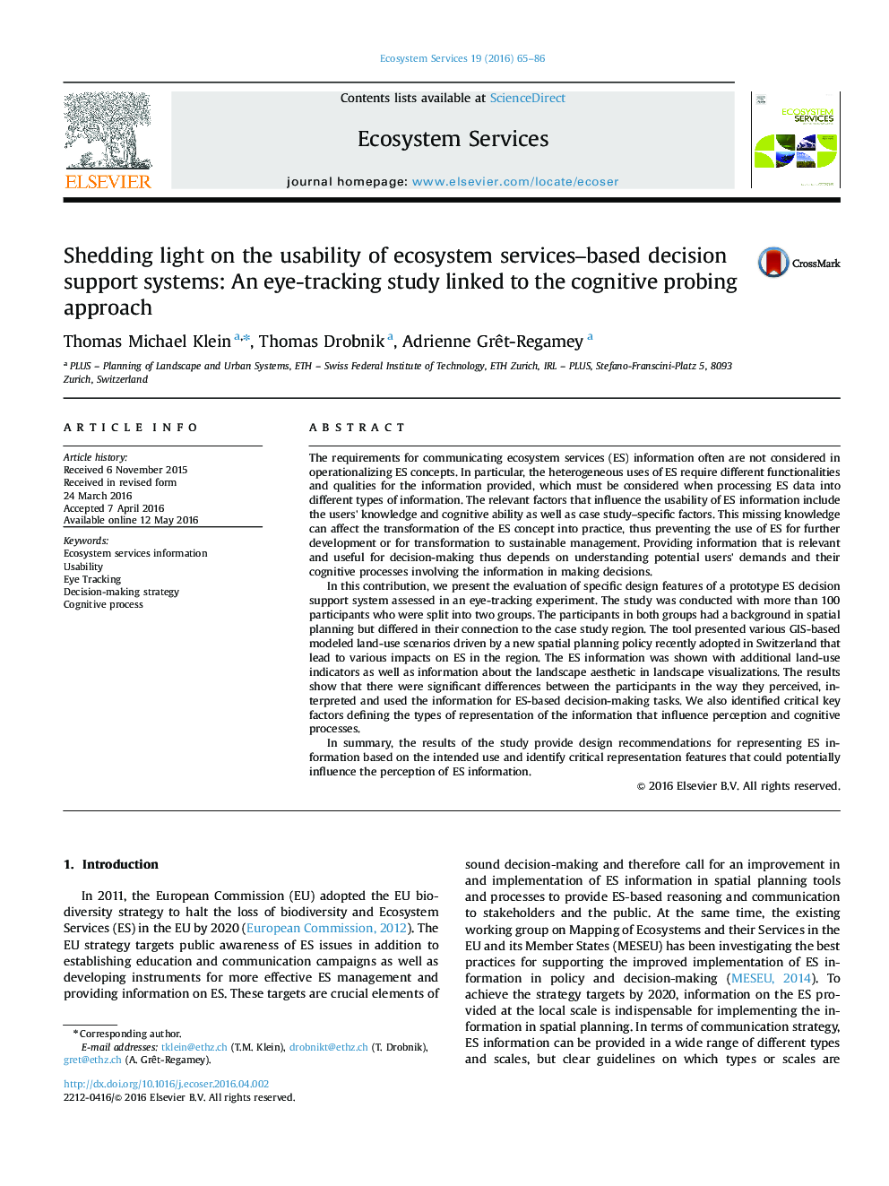 Shedding light on the usability of ecosystem services–based decision support systems: An eye-tracking study linked to the cognitive probing approach