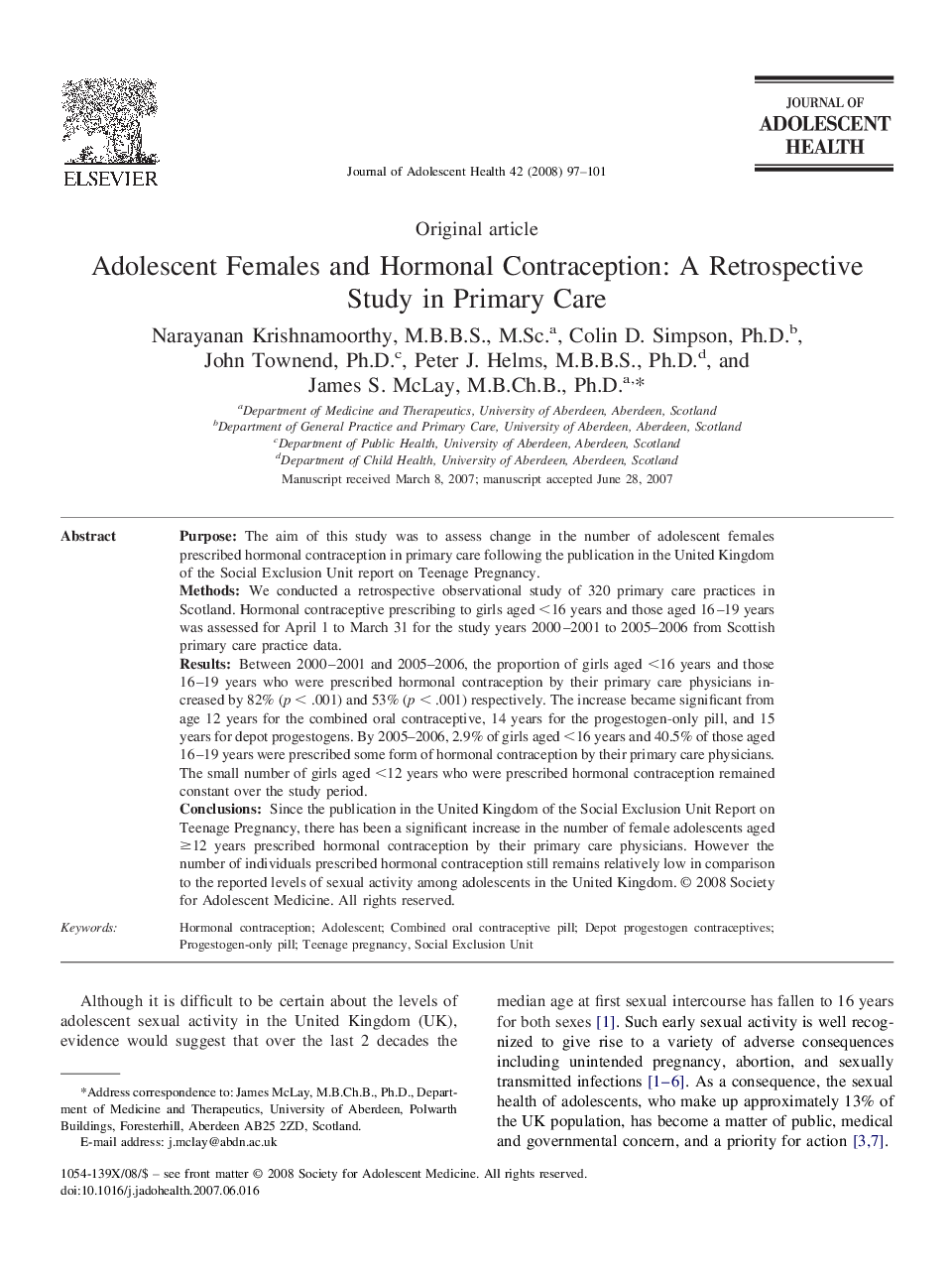 Adolescent Females and Hormonal Contraception: A Retrospective Study in Primary Care