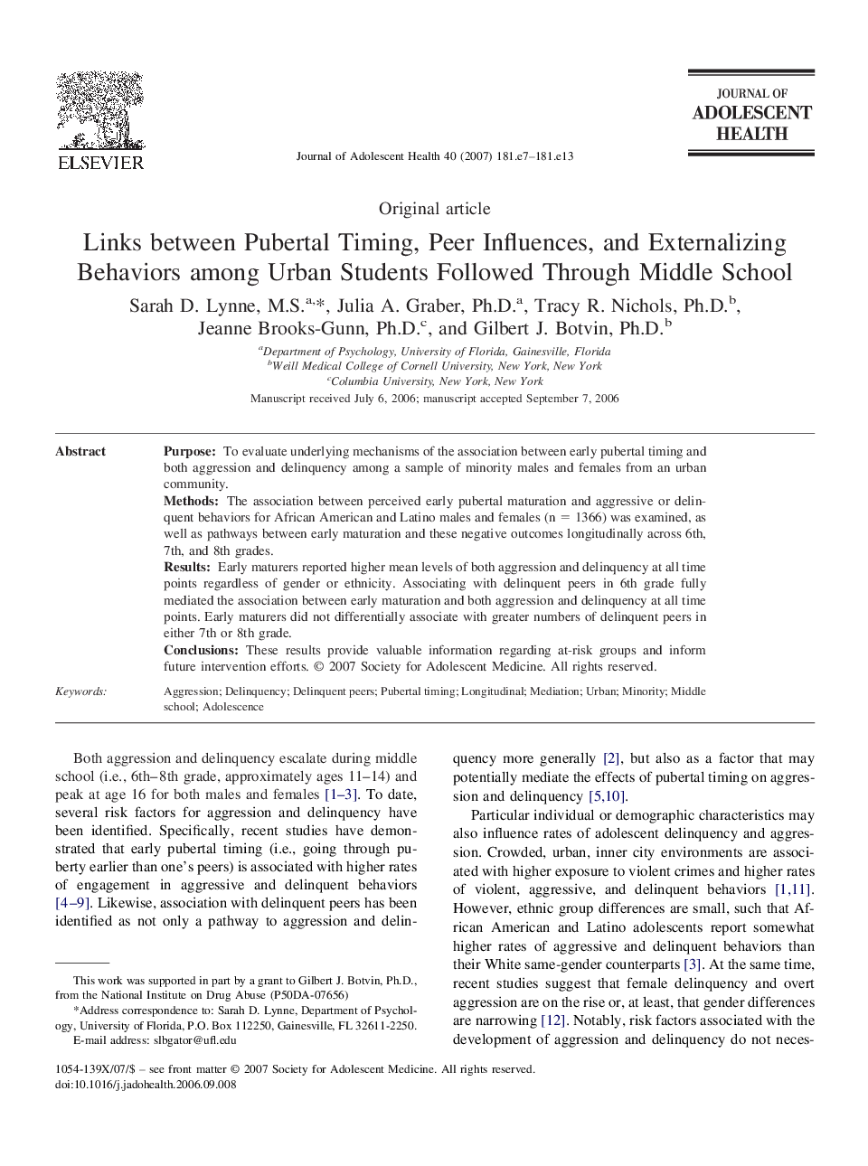 Links between Pubertal Timing, Peer Influences, and Externalizing Behaviors among Urban Students Followed Through Middle School