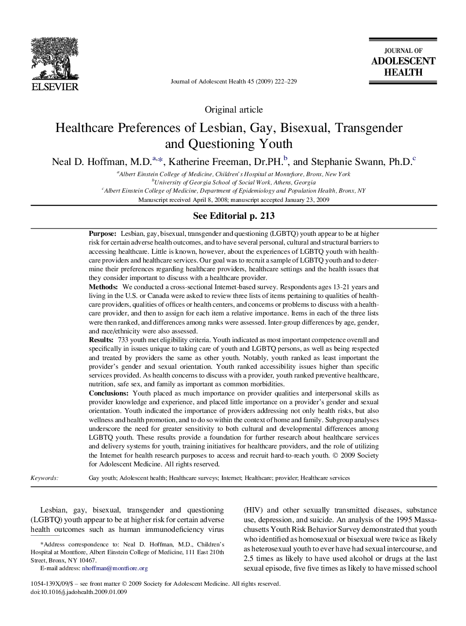 Healthcare Preferences of Lesbian, Gay, Bisexual, Transgender and Questioning Youth