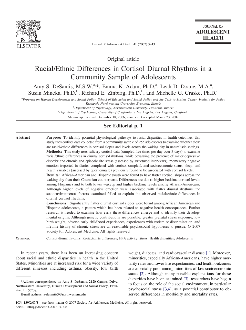 Racial/Ethnic Differences in Cortisol Diurnal Rhythms in a Community Sample of Adolescents