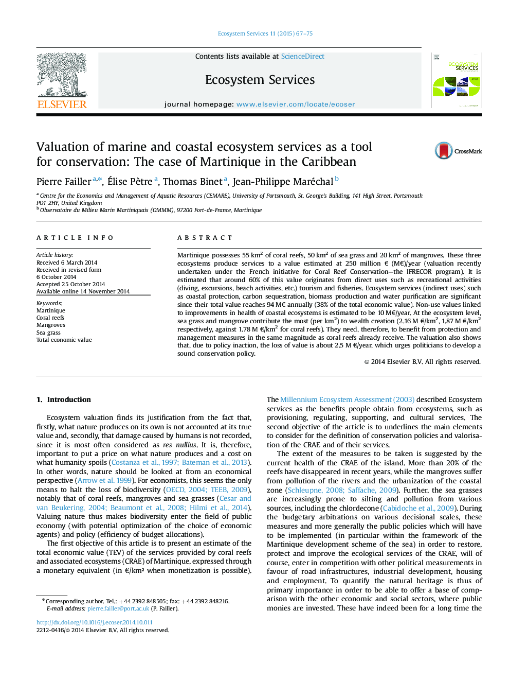 Valuation of marine and coastal ecosystem services as a tool for conservation: The case of Martinique in the Caribbean