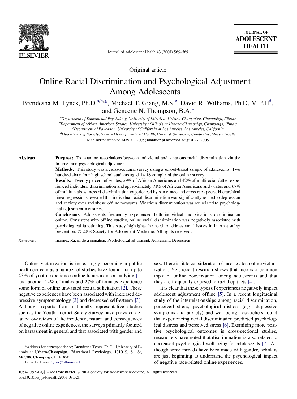 Online Racial Discrimination and Psychological Adjustment Among Adolescents