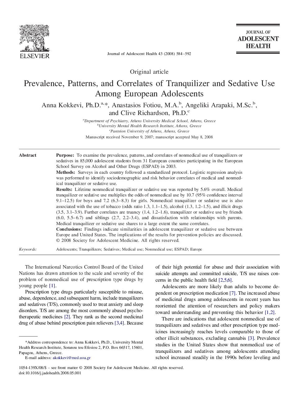 Prevalence, Patterns, and Correlates of Tranquilizer and Sedative Use Among European Adolescents