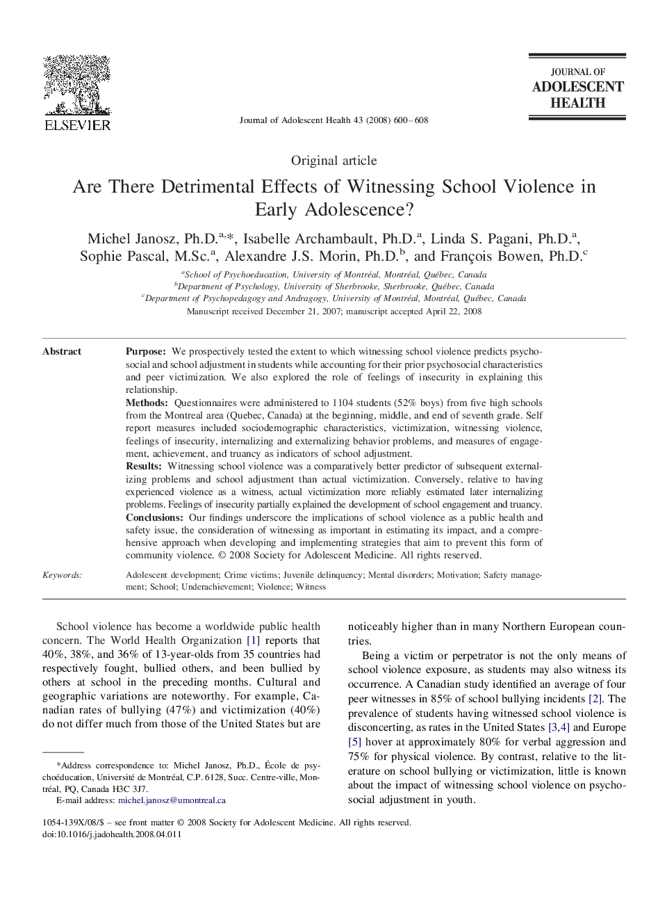 Are There Detrimental Effects of Witnessing School Violence in Early Adolescence?