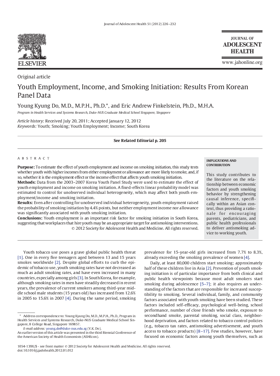 Youth Employment, Income, and Smoking Initiation: Results From Korean Panel Data 