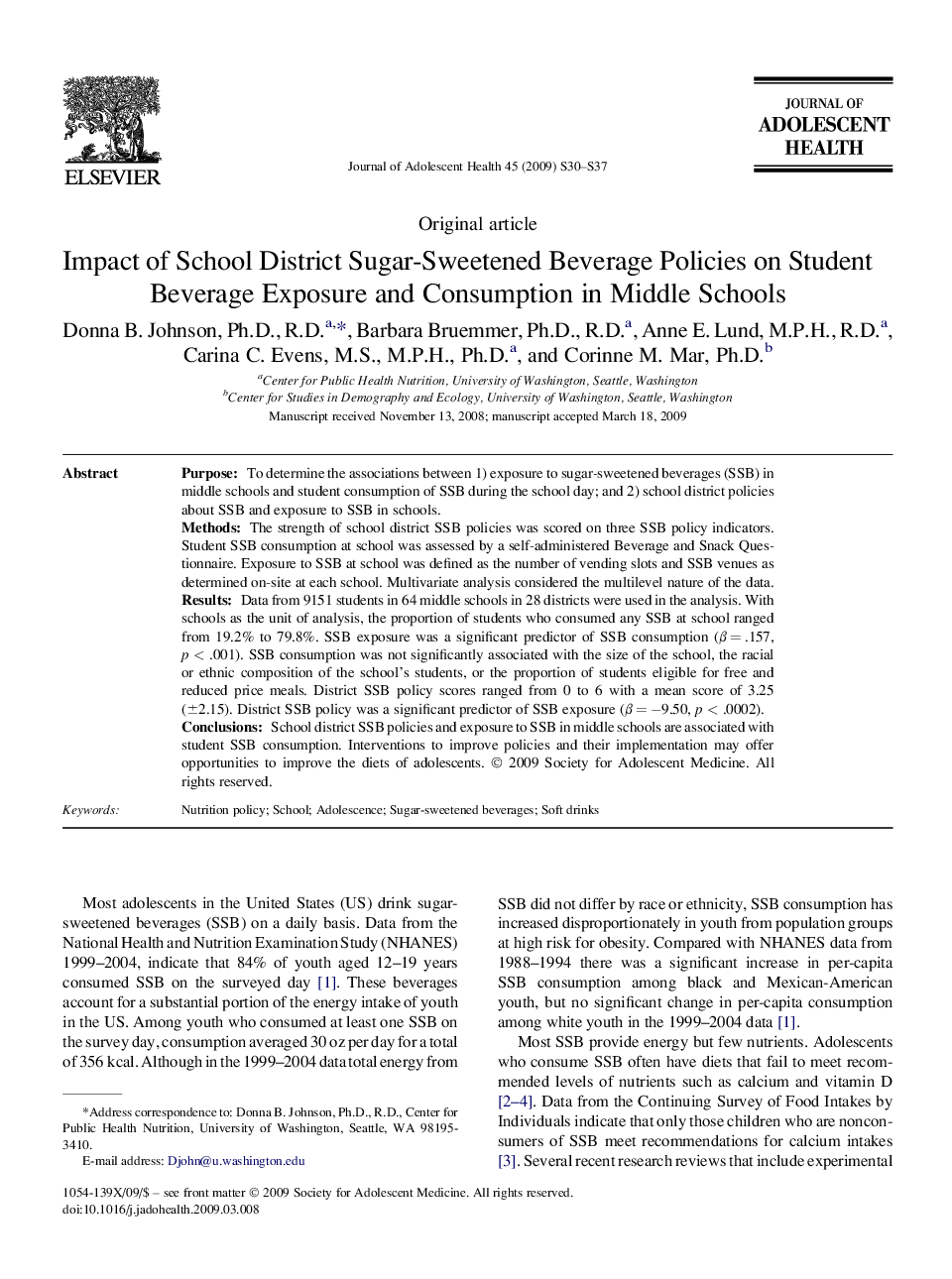 Impact of School District Sugar-Sweetened Beverage Policies on Student Beverage Exposure and Consumption in Middle Schools