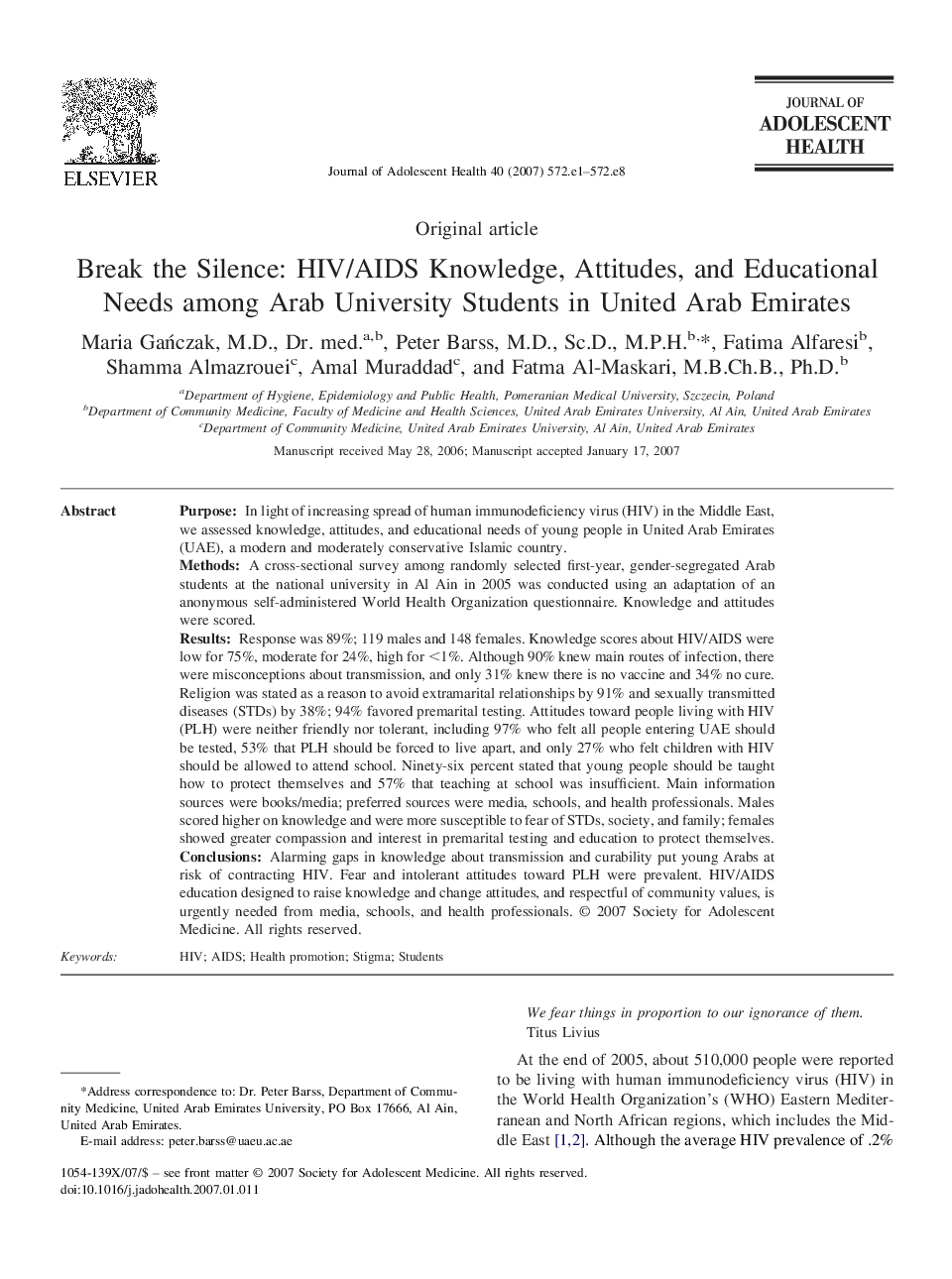 Break the Silence: HIV/AIDS Knowledge, Attitudes, and Educational Needs among Arab University Students in United Arab Emirates