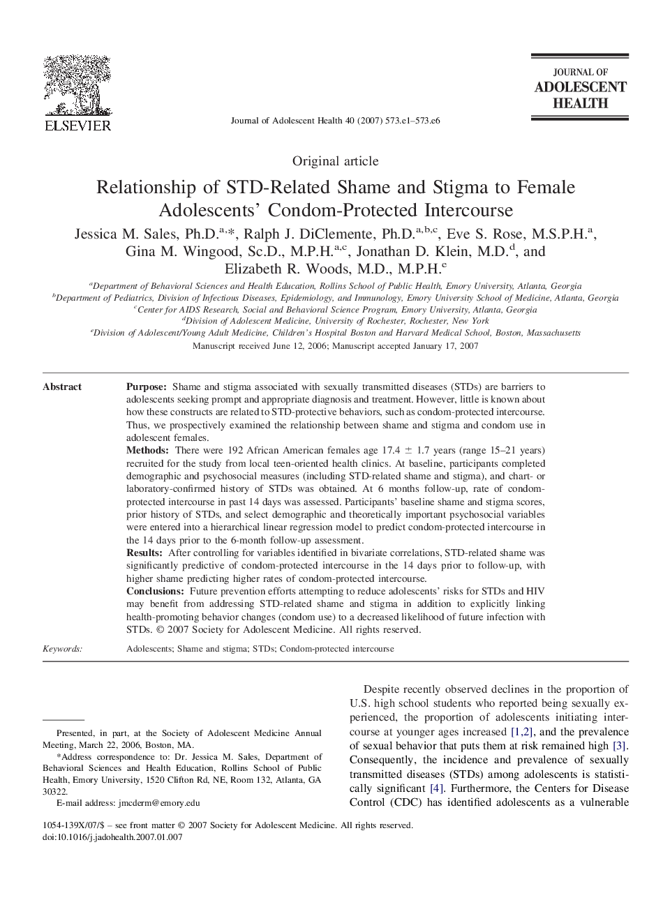 Relationship of STD-Related Shame and Stigma to Female Adolescents' Condom-Protected Intercourse