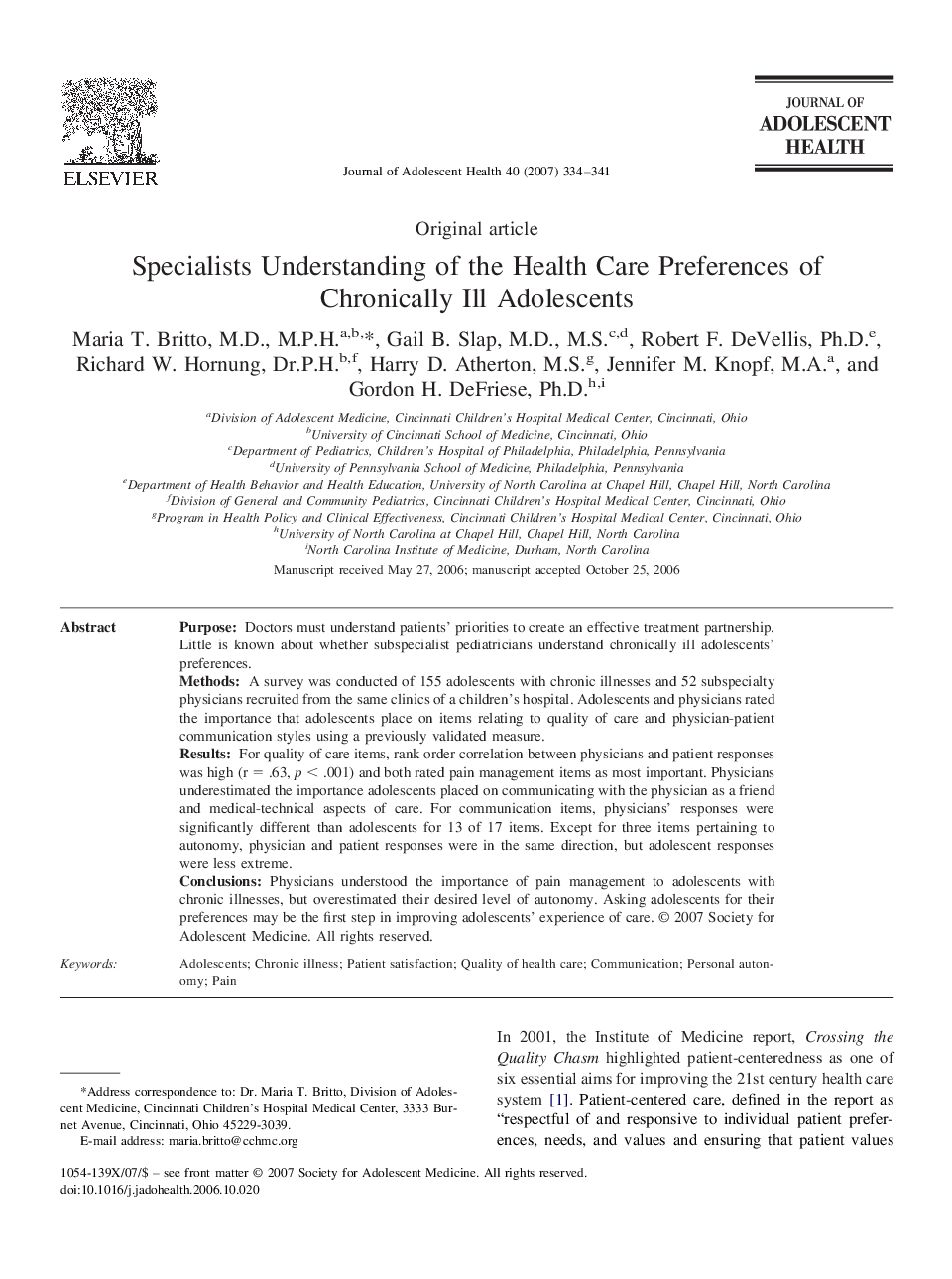 Specialists Understanding of the Health Care Preferences of Chronically Ill Adolescents