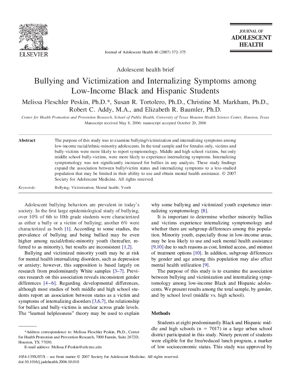 Bullying and Victimization and Internalizing Symptoms among Low-Income Black and Hispanic Students