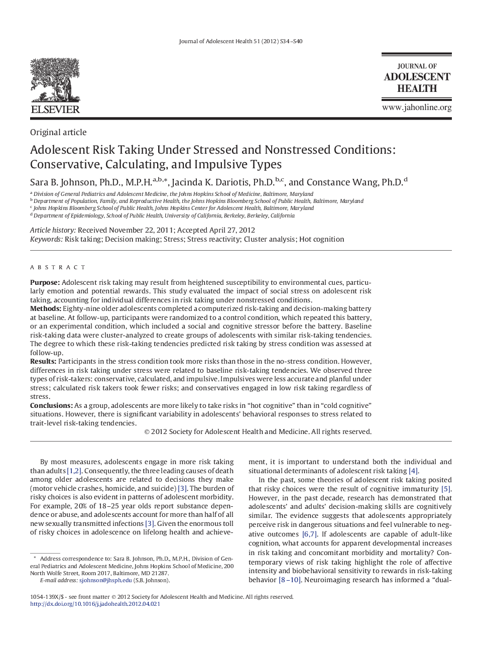 Adolescent Risk Taking Under Stressed and Nonstressed Conditions: Conservative, Calculating, and Impulsive Types