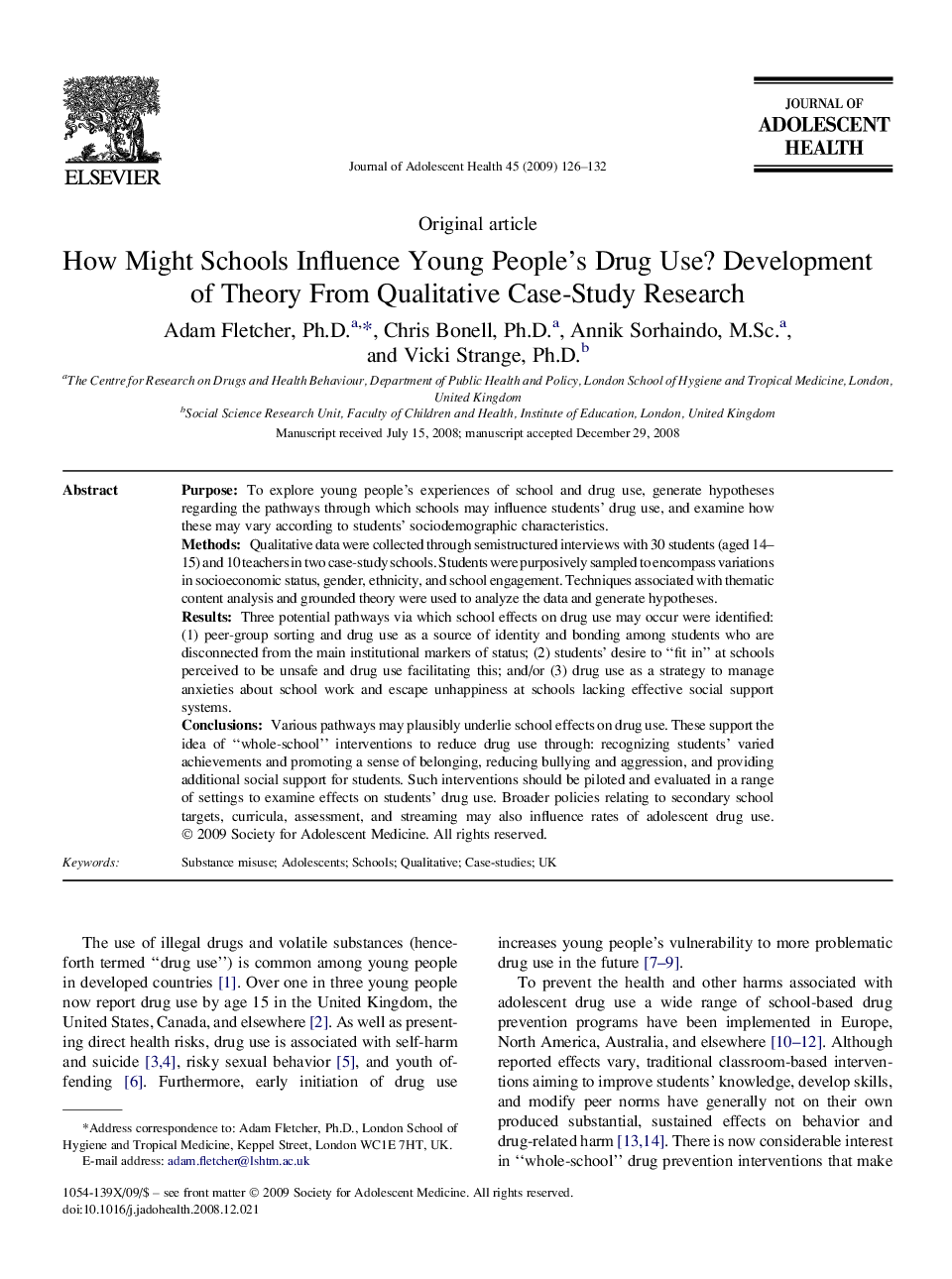 How Might Schools Influence Young People's Drug Use? Development of Theory From Qualitative Case-Study Research