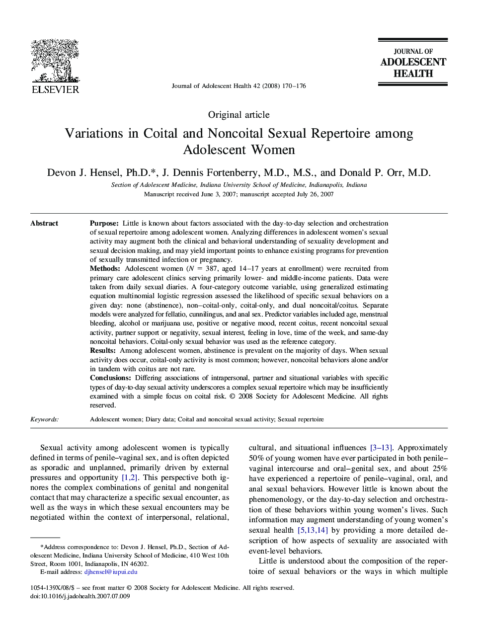 Variations in Coital and Noncoital Sexual Repertoire among Adolescent Women