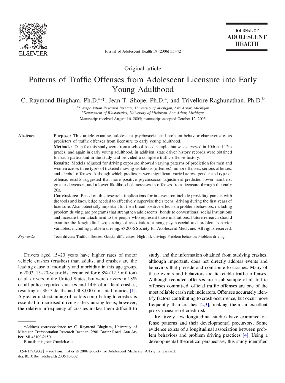 Patterns of Traffic Offenses from Adolescent Licensure into Early Young Adulthood