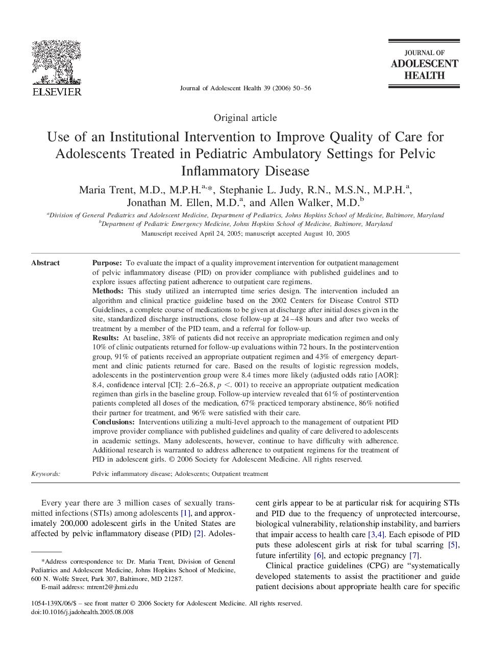 Use of an Institutional Intervention to Improve Quality of Care for Adolescents Treated in Pediatric Ambulatory Settings for Pelvic Inflammatory Disease