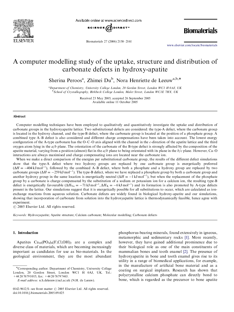 A computer modelling study of the uptake, structure and distribution of carbonate defects in hydroxy-apatite