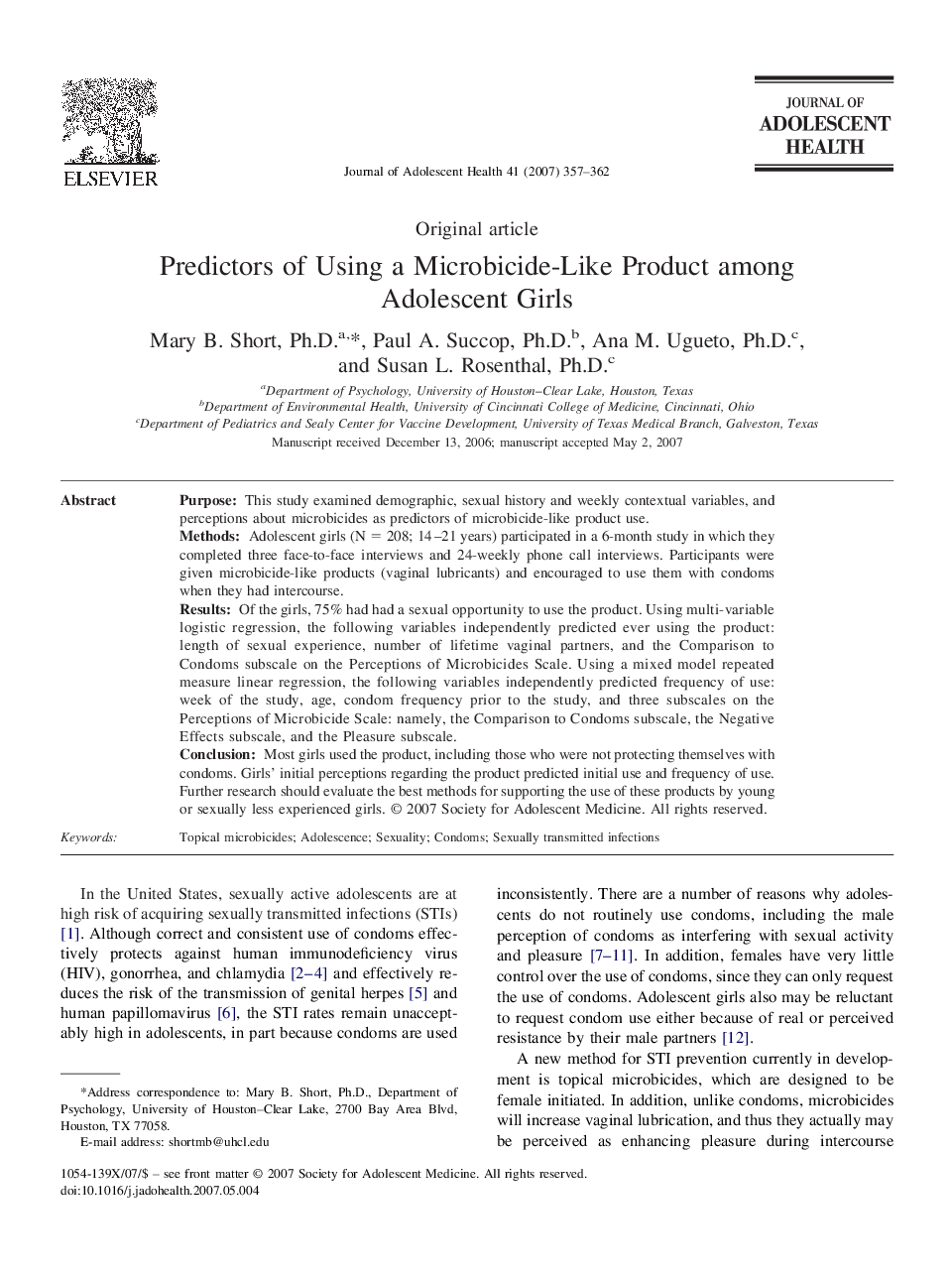 Predictors of Using a Microbicide-Like Product among Adolescent Girls