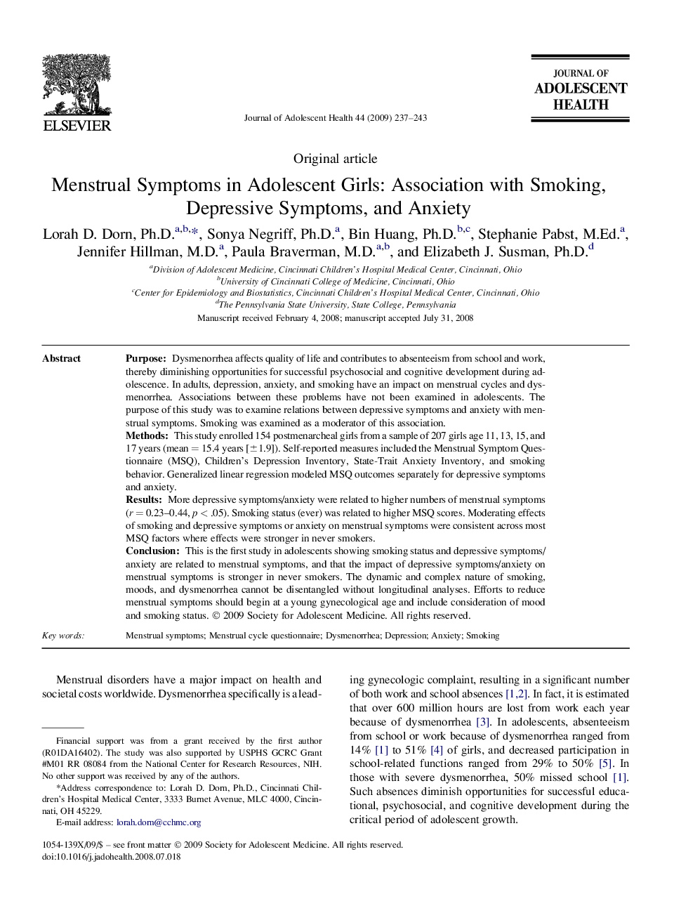 Menstrual Symptoms in Adolescent Girls: Association with Smoking, Depressive Symptoms, and Anxiety 