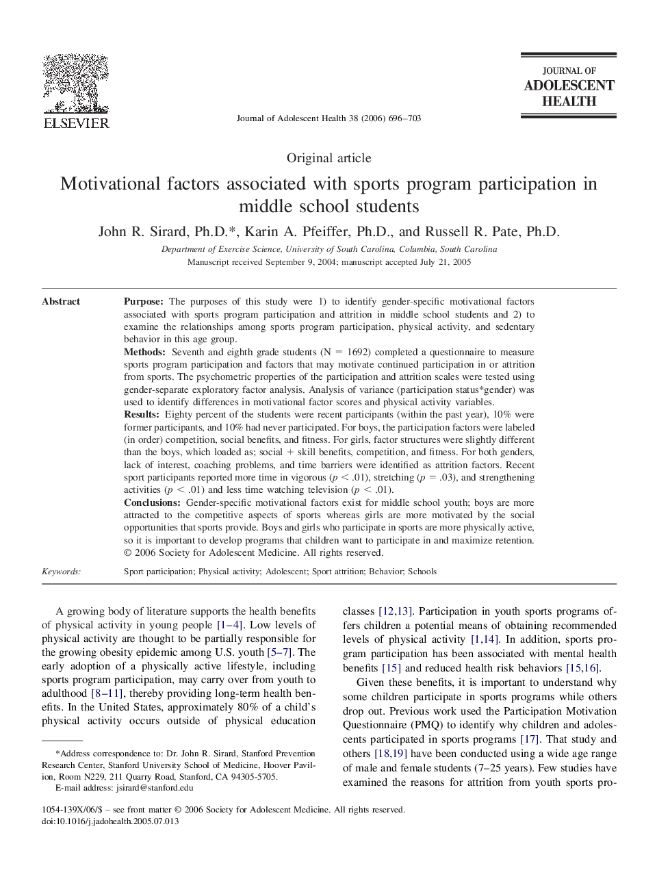 Motivational factors associated with sports program participation in middle school students