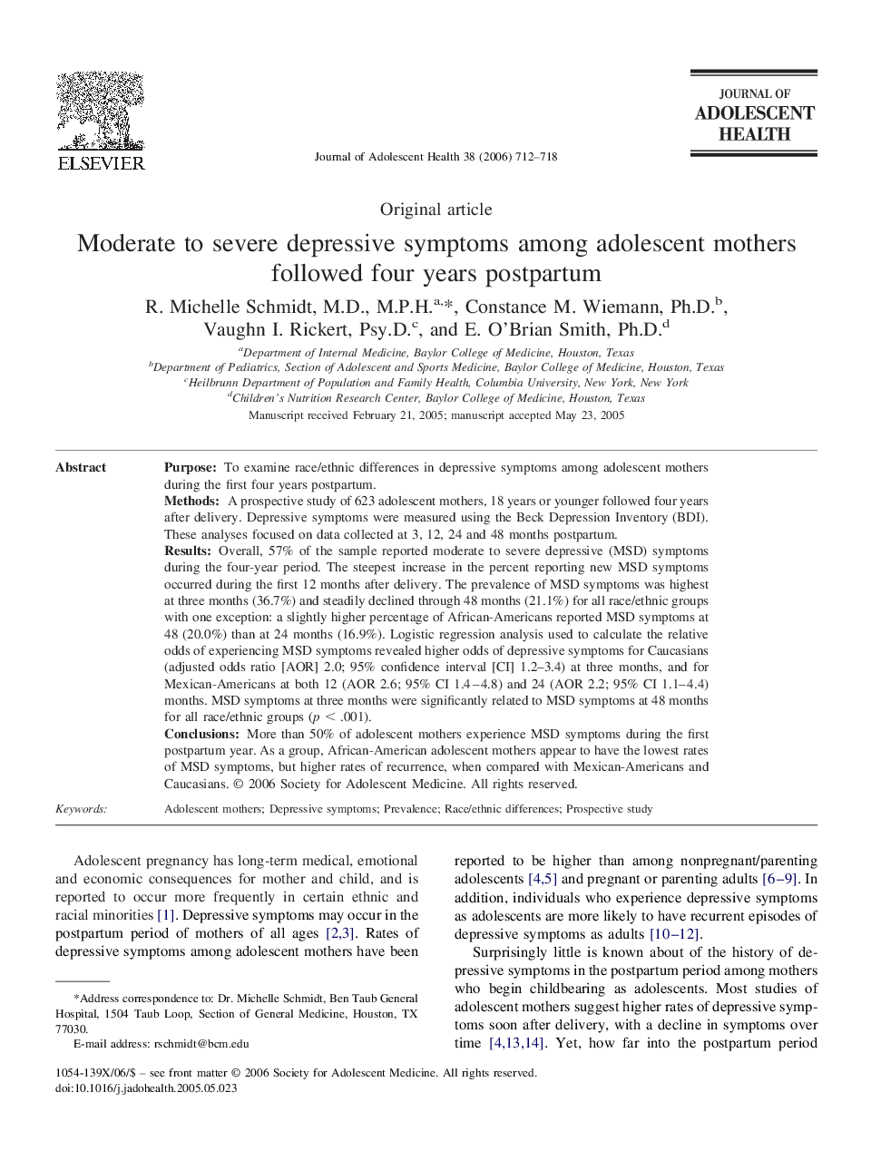 Moderate to severe depressive symptoms among adolescent mothers followed four years postpartum