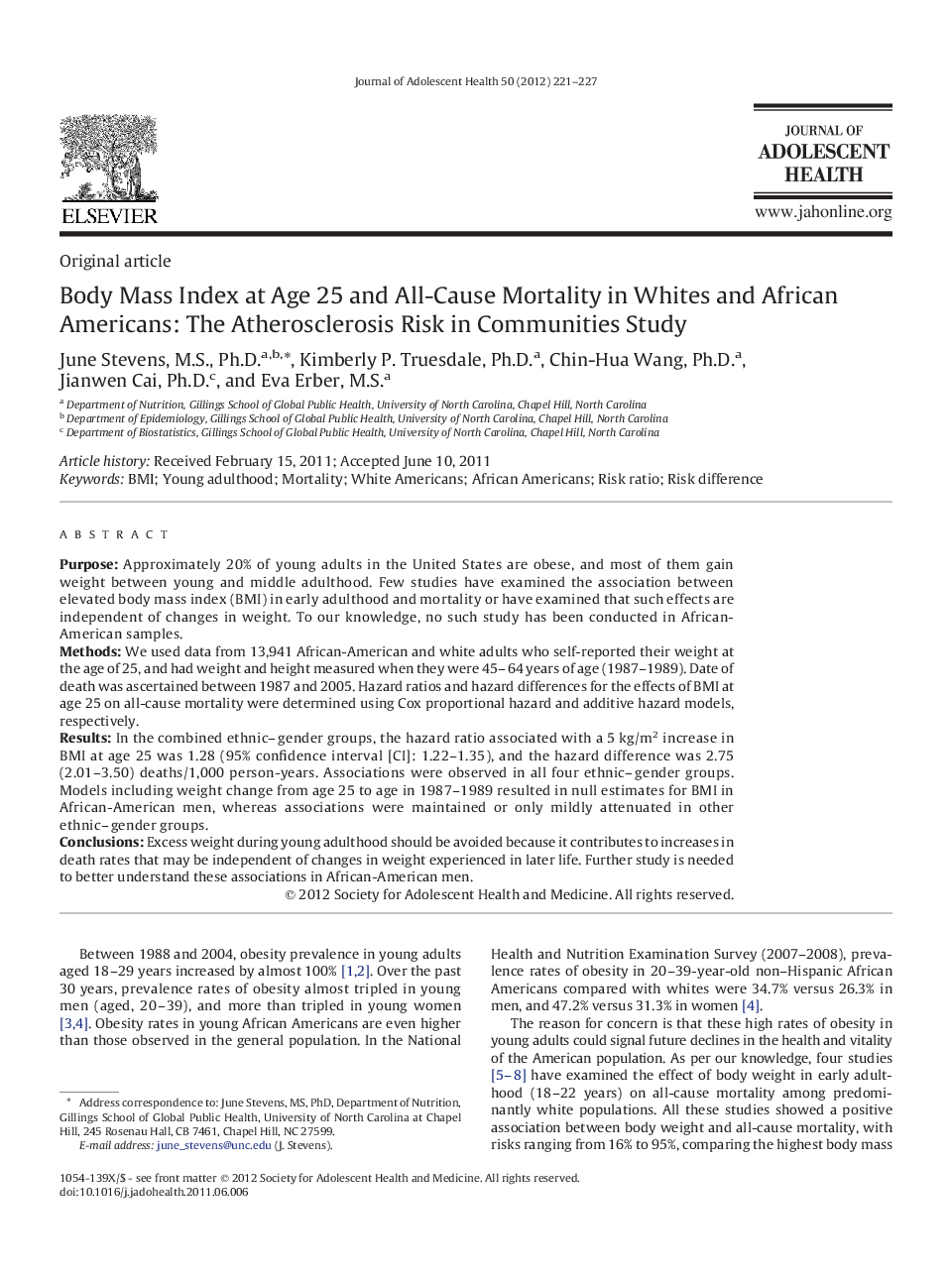 Body Mass Index at Age 25 and All-Cause Mortality in Whites and African Americans: The Atherosclerosis Risk in Communities Study