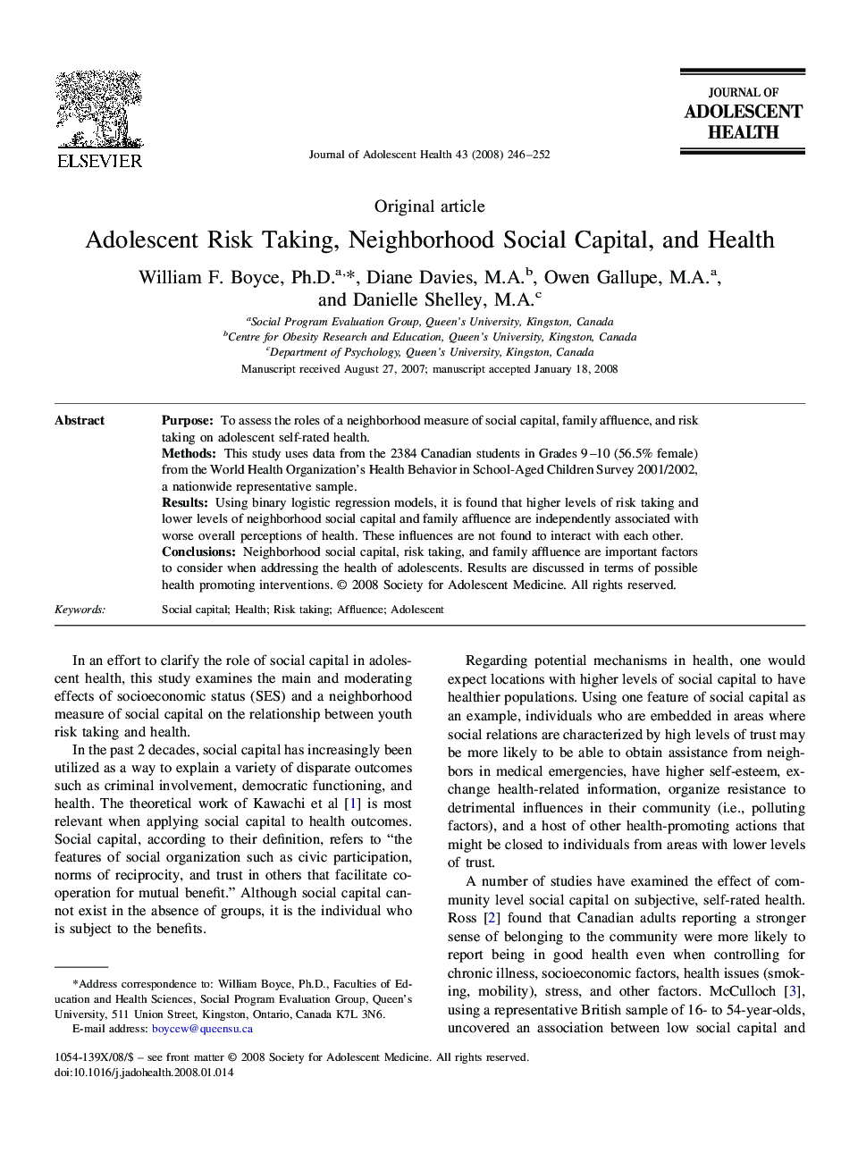 Adolescent Risk Taking, Neighborhood Social Capital, and Health