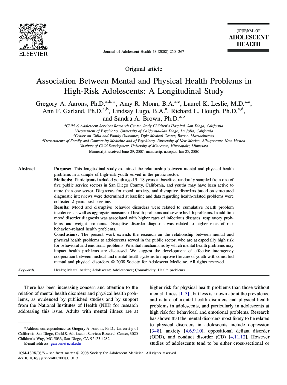 Association Between Mental and Physical Health Problems in High-Risk Adolescents: A Longitudinal Study