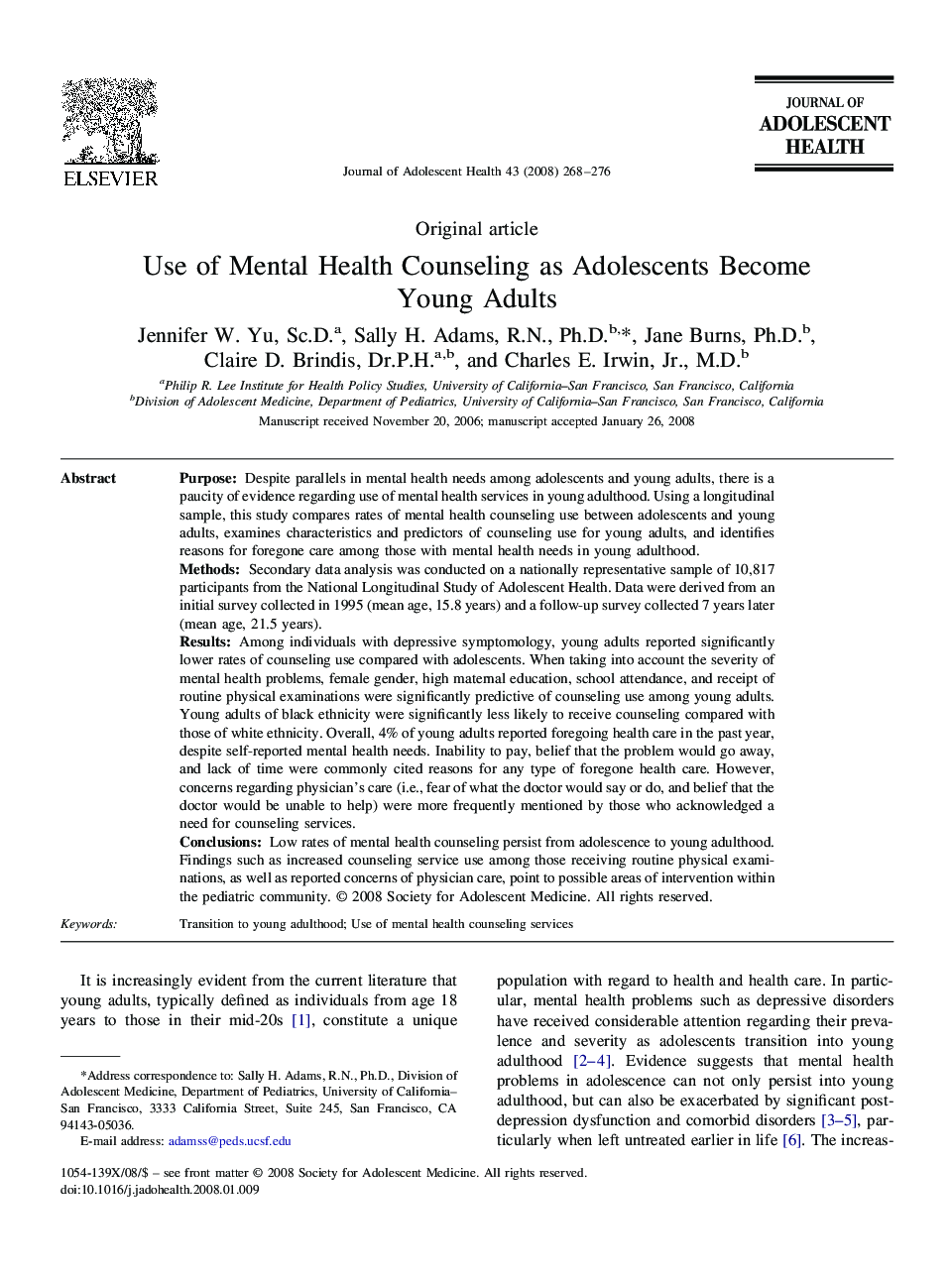 Use of Mental Health Counseling as Adolescents Become Young Adults