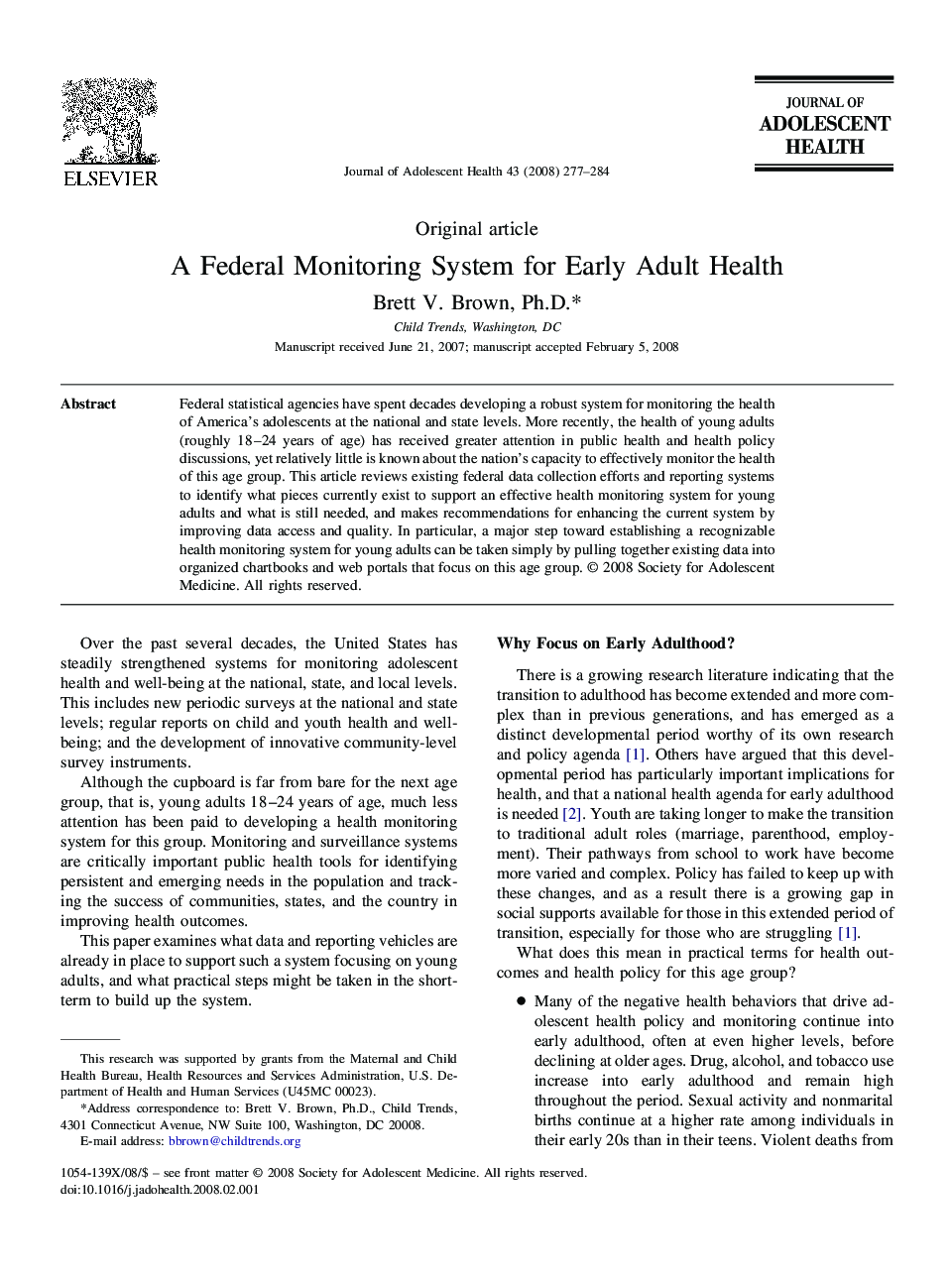 A Federal Monitoring System for Early Adult Health