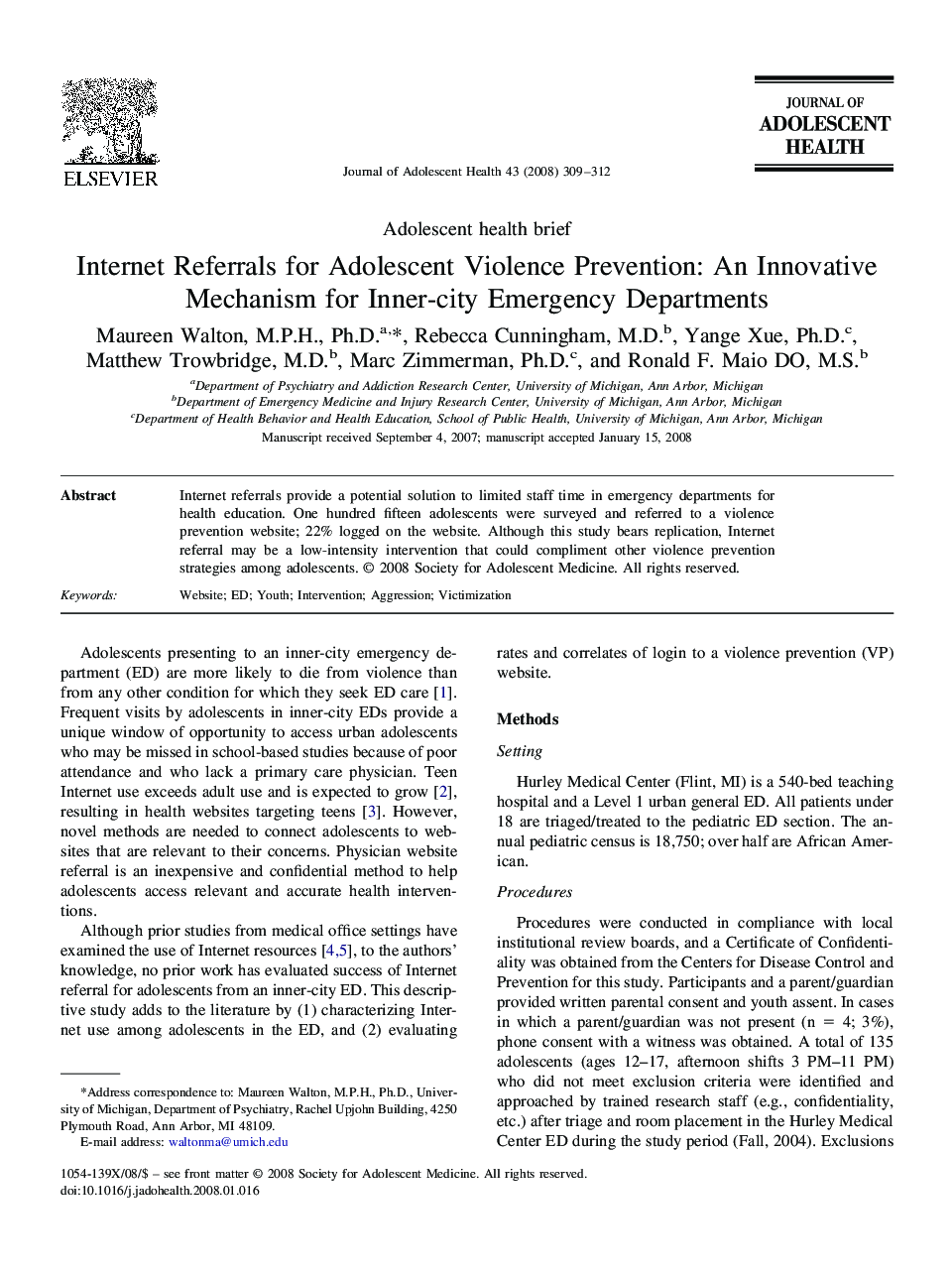 Internet Referrals for Adolescent Violence Prevention: An Innovative Mechanism for Inner-city Emergency Departments