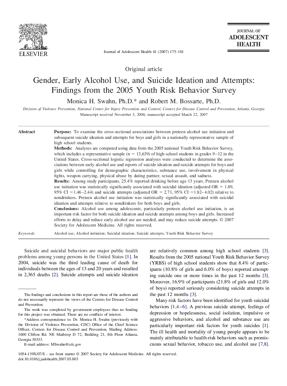 Gender, Early Alcohol Use, and Suicide Ideation and Attempts: Findings from the 2005 Youth Risk Behavior Survey 