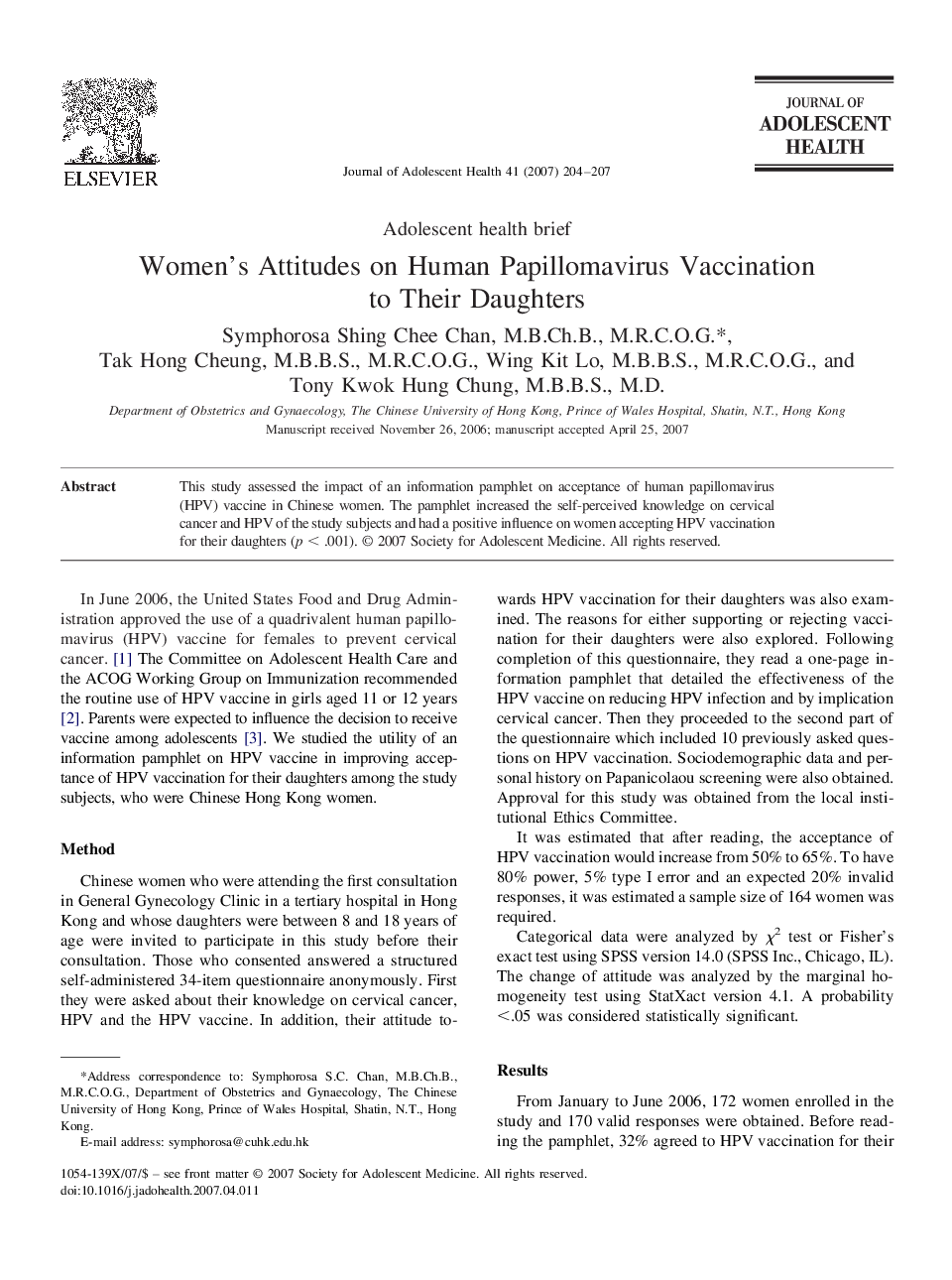 Women’s Attitudes on Human Papillomavirus Vaccination to Their Daughters