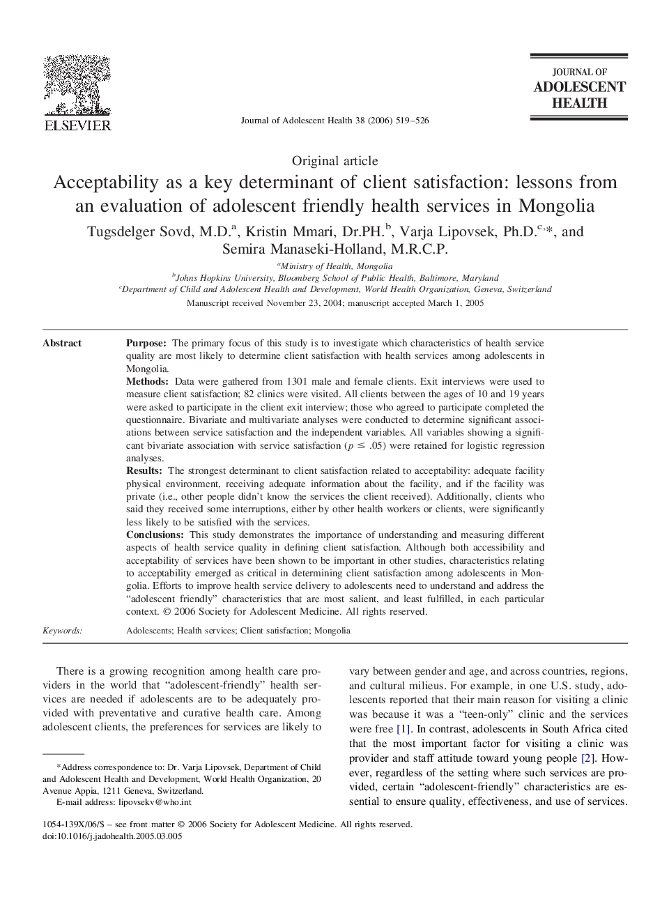 Acceptability as a key determinant of client satisfaction: lessons from an evaluation of adolescent friendly health services in Mongolia