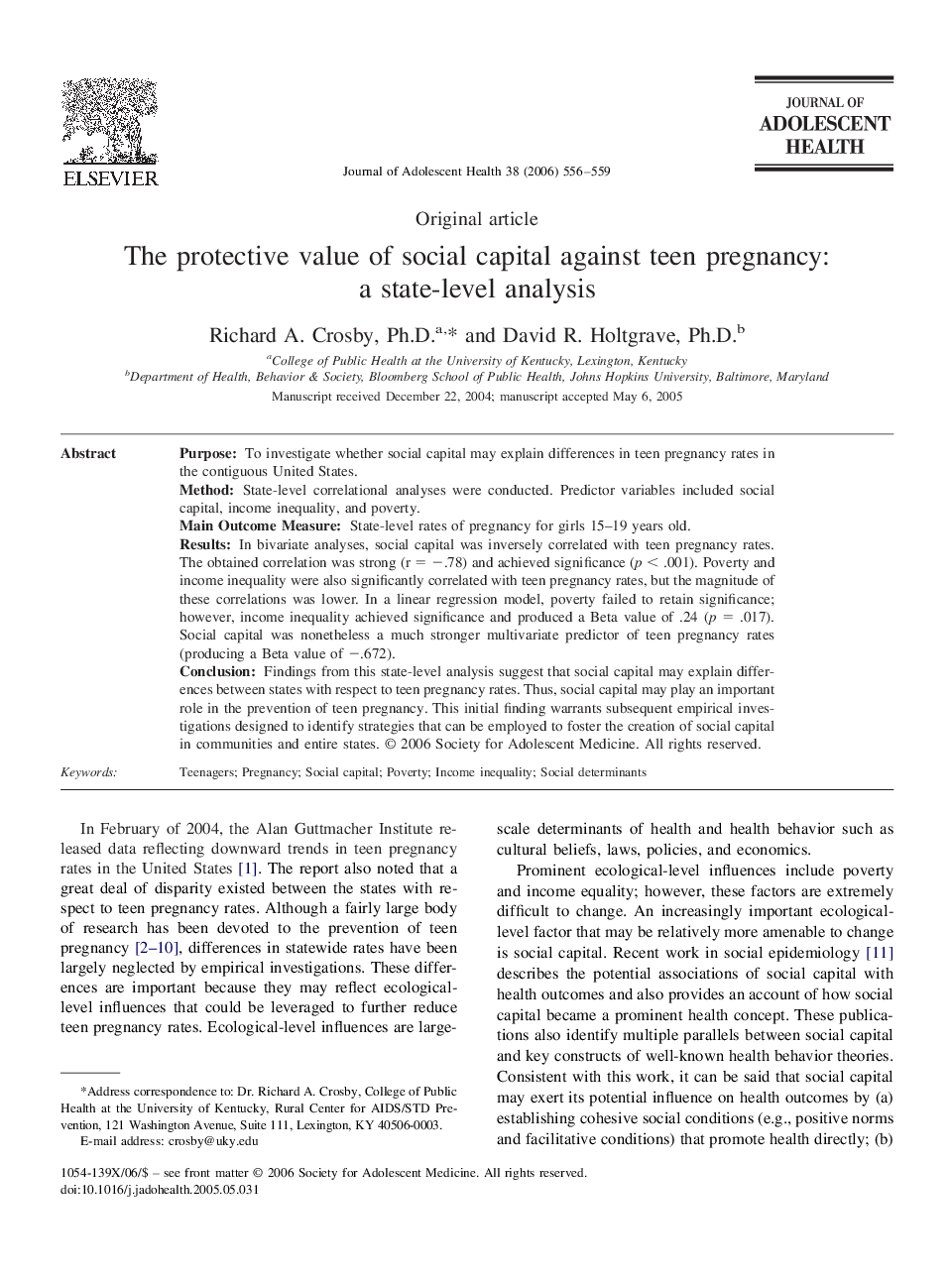 The protective value of social capital against teen pregnancy: a state-level analysis