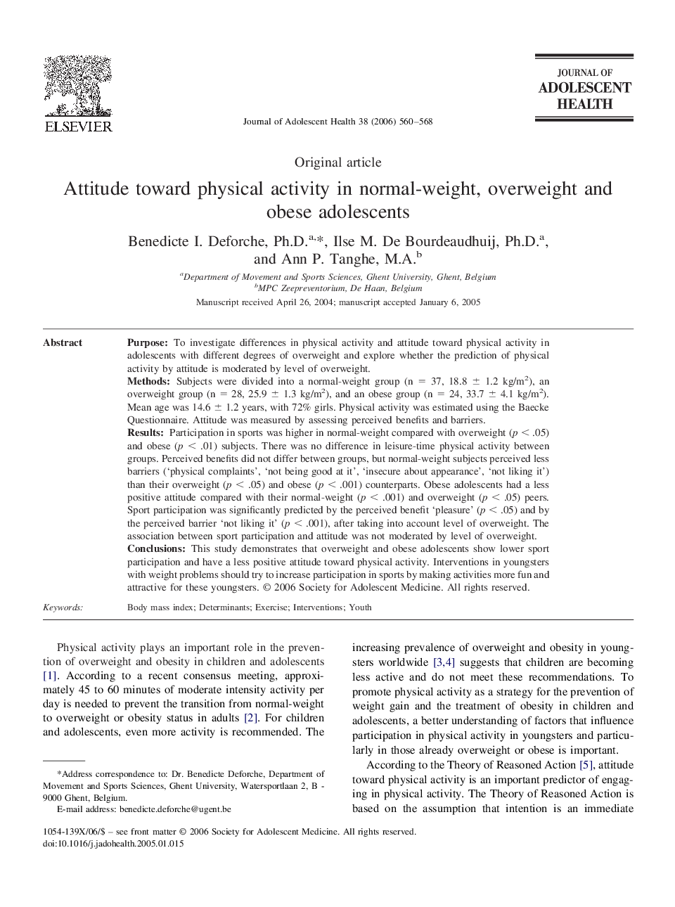 Attitude toward physical activity in normal-weight, overweight and obese adolescents