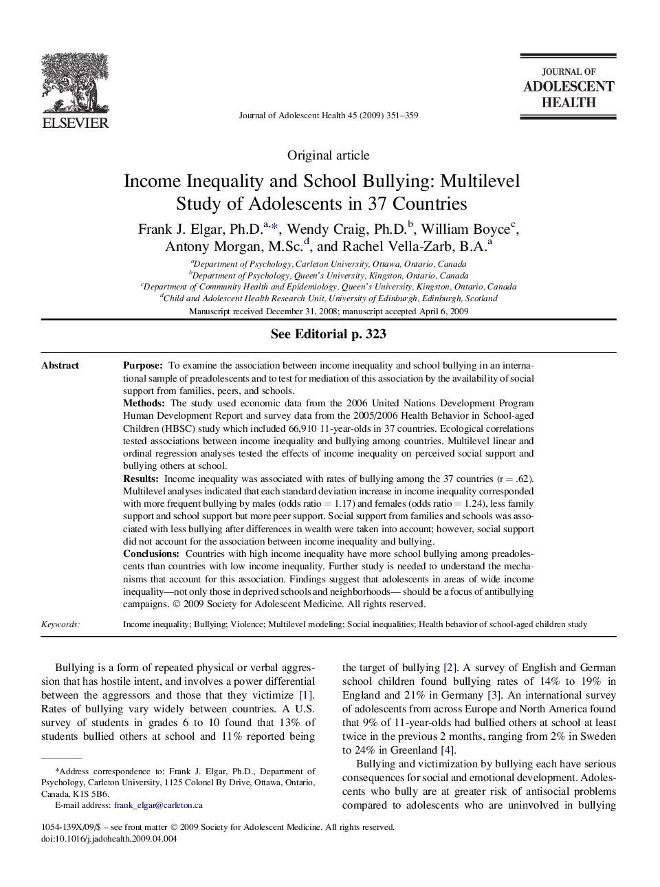 Income Inequality and School Bullying: Multilevel Study of Adolescents in 37 Countries