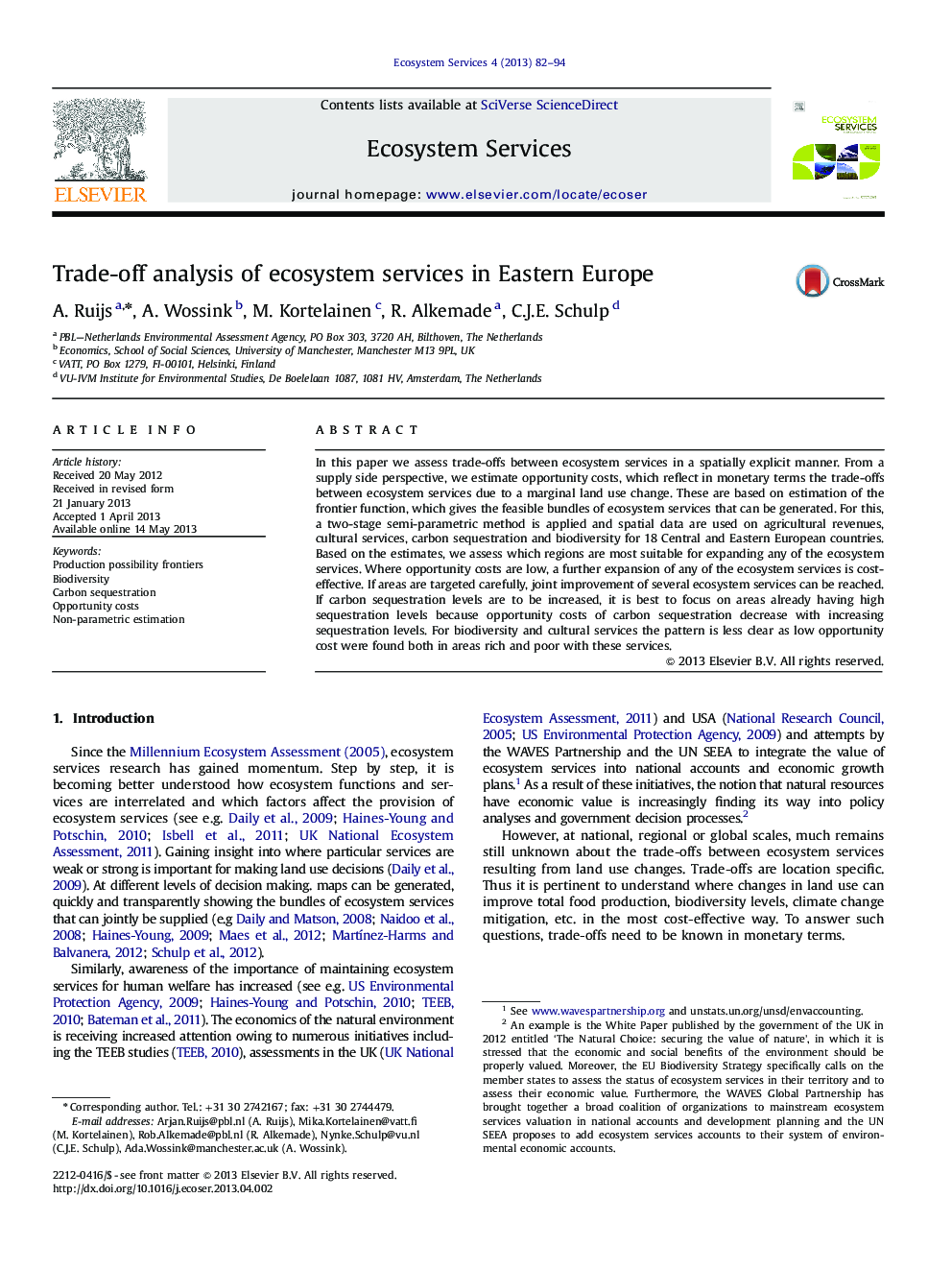 Trade-off analysis of ecosystem services in Eastern Europe