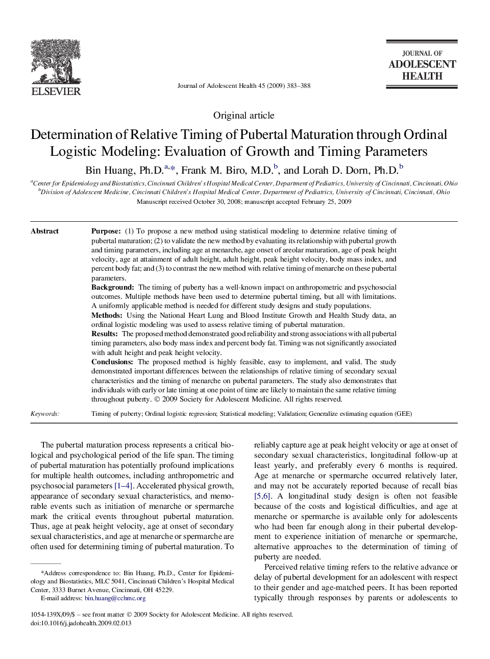 Determination of Relative Timing of Pubertal Maturation through Ordinal Logistic Modeling: Evaluation of Growth and Timing Parameters