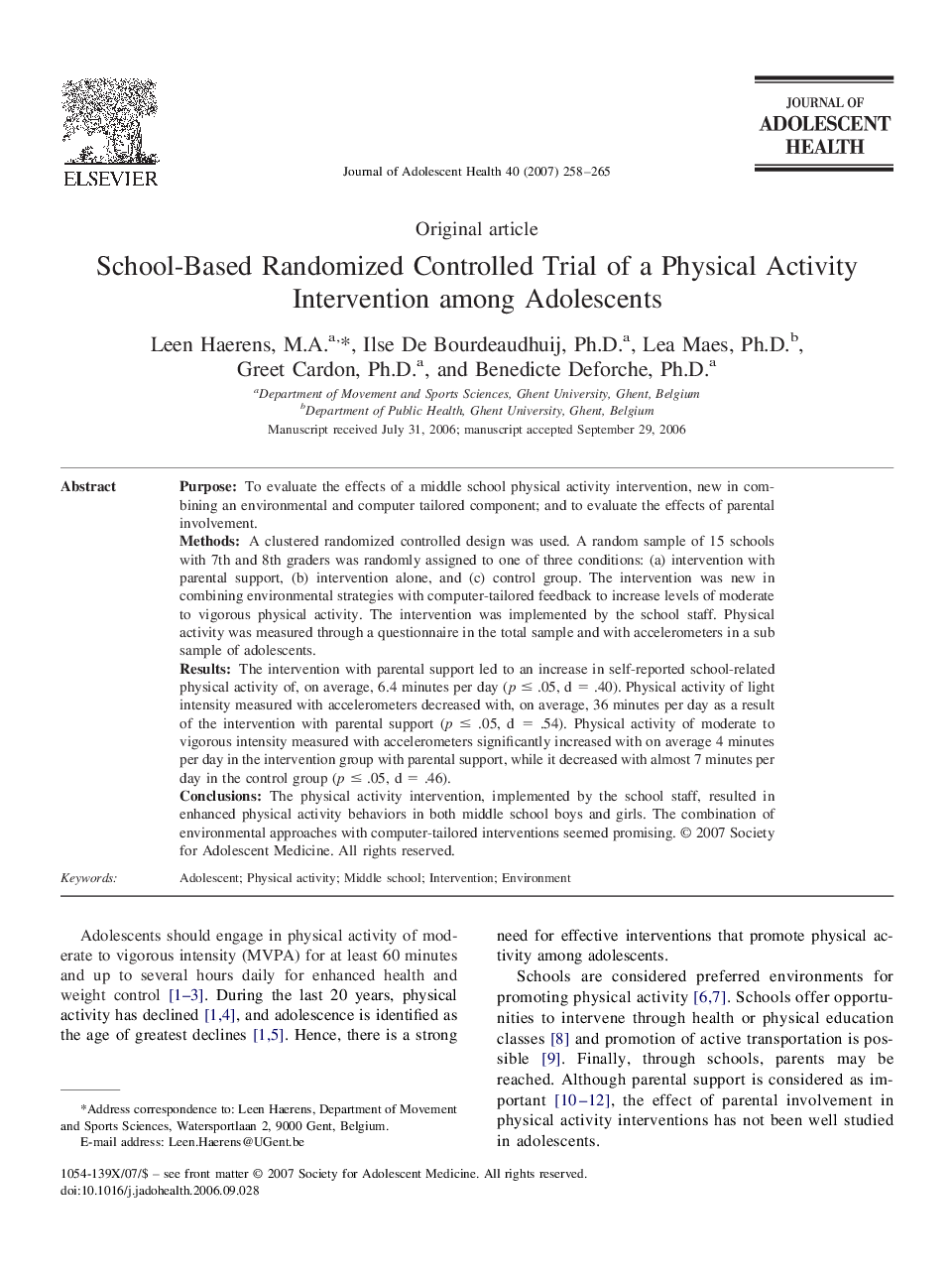 School-Based Randomized Controlled Trial of a Physical Activity Intervention among Adolescents