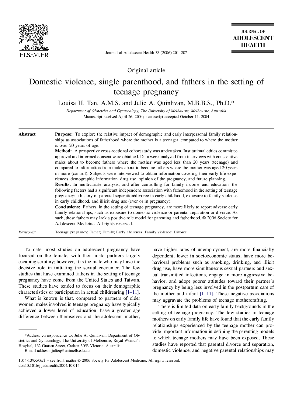 Domestic violence, single parenthood, and fathers in the setting of teenage pregnancy