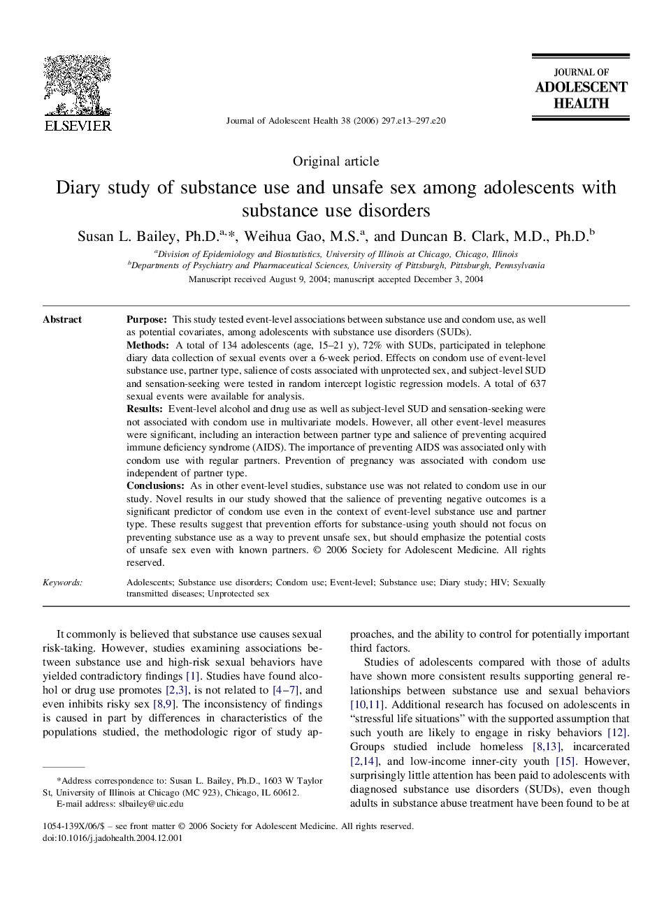 Diary study of substance use and unsafe sex among adolescents with substance use disorders