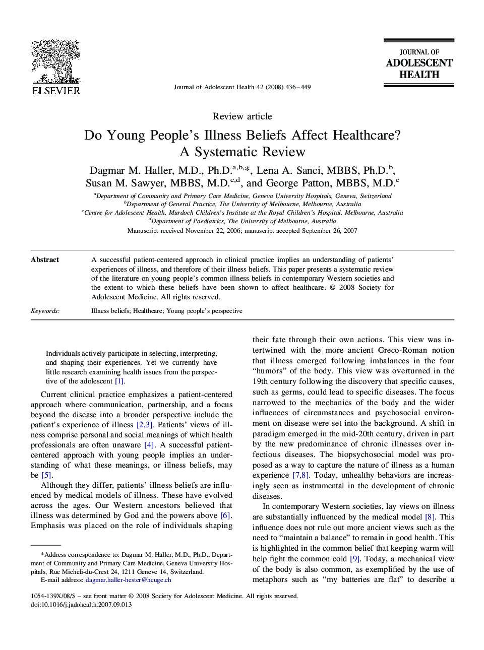 Do Young People's Illness Beliefs Affect Healthcare? A Systematic Review