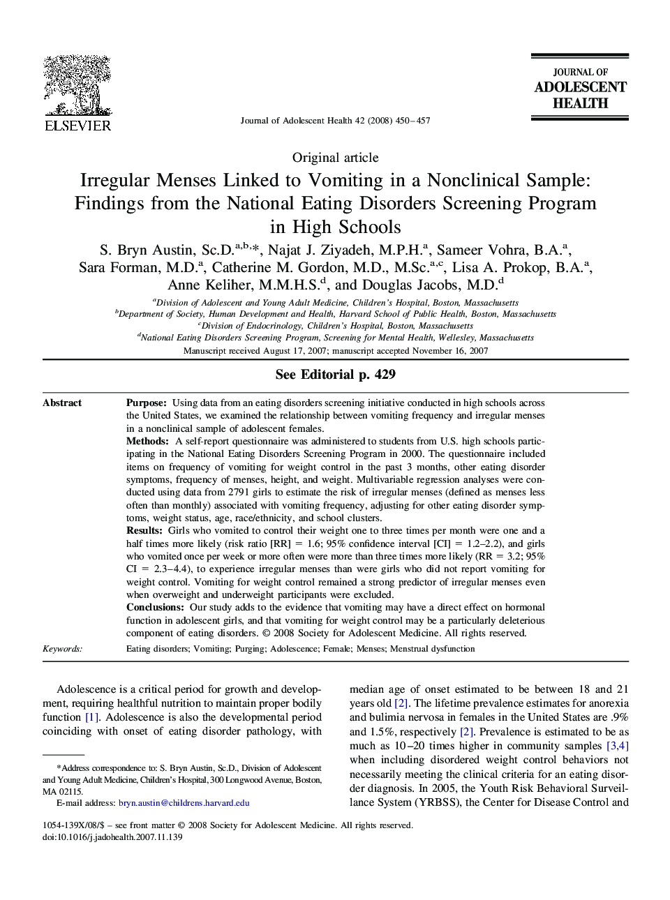 Irregular Menses Linked to Vomiting in a Nonclinical Sample: Findings from the National Eating Disorders Screening Program in High Schools